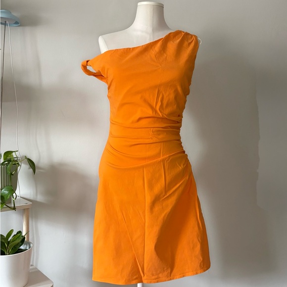 Mango Orange One‑Shoulder Dress Sleek Vibrant Asymmetrical Midi Women’s Size 6 - Picture 2 of 15